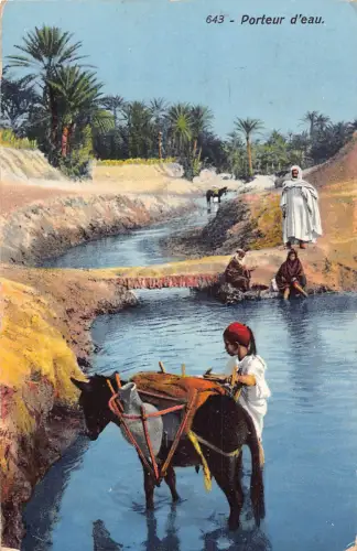 A618 Tunesien 1914 Porteur d'eau Esel Caring Water Boy Vintage Postkarte