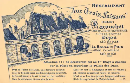 Frankreich Restaurant Aux Trois Faisans von Racouchot Dijon Werbepostkarte B849