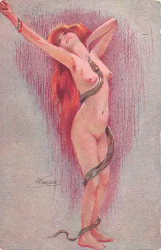 L467 Akt Frau und Schlange von Suzanne Meunier Risque Art Vintage Postkarte