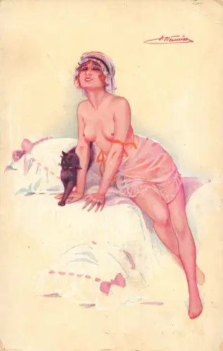 L467 Akt Frau und schwarze Katze von Suzanne Meunier gewagte Kunst Vintage Postkarte