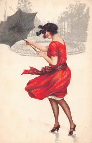 L467 Monte-Carlo Glamour Dame mit Regenschirm Mode Kunst Vintage Postkarte