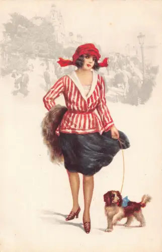 L467 Monte-Carlo Glamour Dame mit Hund Mode Kunst Vintage Postkarte