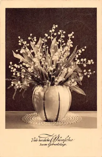 A628 Geburtstagsgrüße 1939 Maiglöckchen Blumen in Vase Postkarte