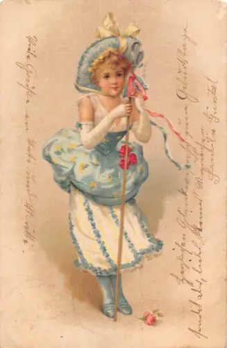 A630 Kunst 1902 süßes blondes Hirtenmädchen im eleganten blauen Kleid Vintage Postkarte