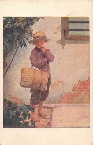 A630 Kunst 1927 Barfuß Junge mit Tasche und Hut rauchende Zigarette Vintage Postkarte