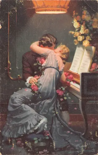 A631 Liebesromane Paar küsst in der Nähe von Klavier Musikinstrument Kunst Postkarte
