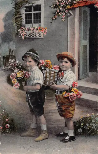 A629 Pfingstgrüße Jungen Deutsche Tracht Rosen Blumen Postkarte
