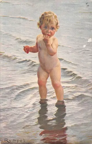 A629 Kunst von Karl Rumpel Säugling Junge spielt auf See 1917 1. Weltkrieg Feldpostkarte