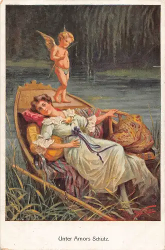 A631 Unter Liebeszauber Frau im Boot Amor Gott Fantasy Kunst Postkarte