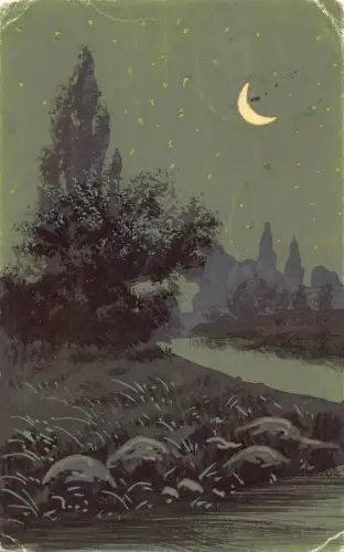 A631 Handbemalte Landschaft 1911 Pinien Fluss Halbmond Mondschein Postkarte