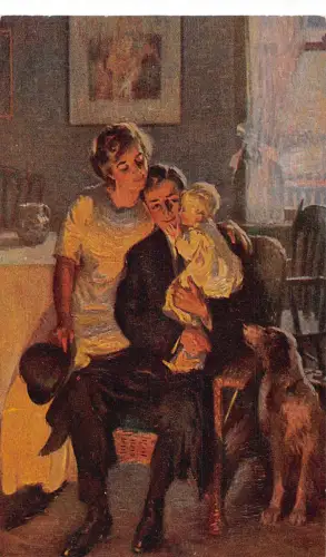 A631 Kunst Frau und Sohn umarmen Vater am Schornstein Feuerlicht Hund Postkarte