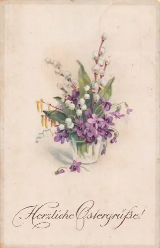 A631 Ostergrüße 1922 Veilchen Maiglöckchen Blumen in Vase Postkarte