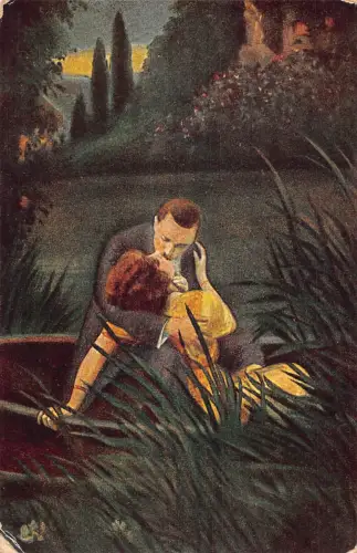 A631 Romantik Liebespaar küsst im Boot Kunst von M Schartner Postkarte