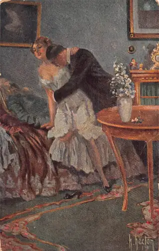 A631 Romantik Liebespaar umarmt im Schlafzimmer Elegantes Kleid Kunst von Hecton Postkarte