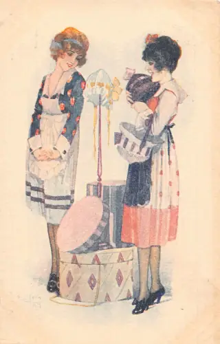 L468 Fashion Glamour Midinettes Damen Hüte signiert Jean Tam Vintage Postkarte