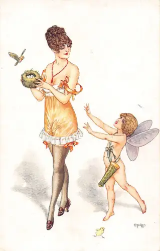 L468 Glamour Herouard Caprice Fancy Amor Vögel gewagte Vintage Postkarte