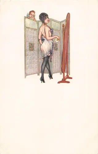 L468 Amor Spione Dame zieht sich aus Akt gewagte Vintage Postkarte