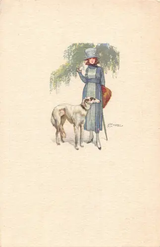 L468 Fashion Glamour Lady Hut mit Hund Windhund signiert A Terzi Vintage Postkarte