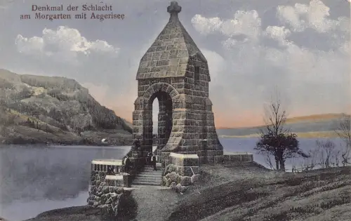 B010 Deutschland Denkmal der Schlacht am Morgarten mit Aegerisee Vintage Postkarte