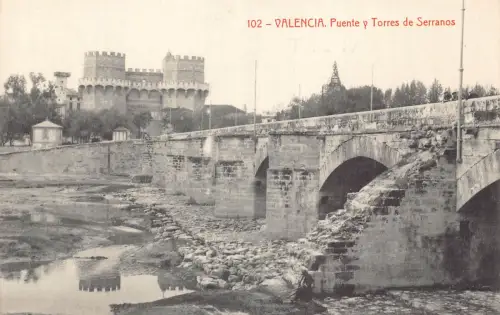 B017 Spanien Valencia Puente y Torres de Serranos Brücke Vintage Postkarte