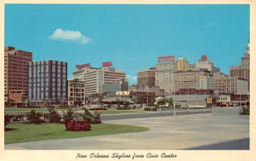 B021 US New Orleans Skyline vom Civic Center Shell Richards Schild Postkarte