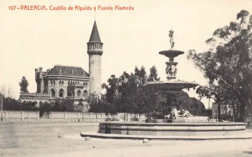 B017 Spanien Valencia Castillo de Rlpalda Fuente Alameda Brunnen Schloss Postkarte