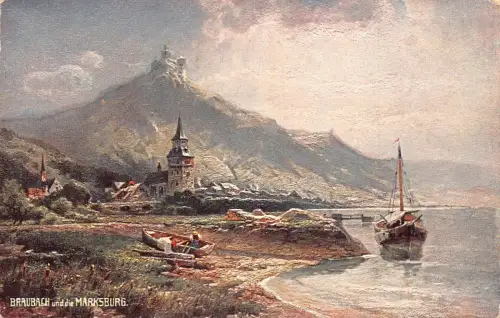 B010 Deutschland Braubach und Marksburg Boote Vintage Postkarte