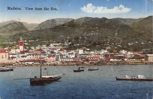 B014 Portugal Madeira Blick vom Meer Boote Vintage Postkarte