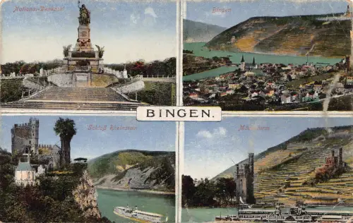 B010 Deutschland Bingen National Monumente Burg Rheinstein Dampfschiff Postkarte
