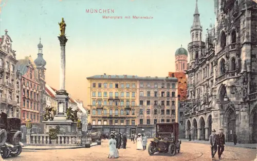 B022 Deutschland 1909 München Marienplatz Mariensaeule Auto Oldtimer Postkarte