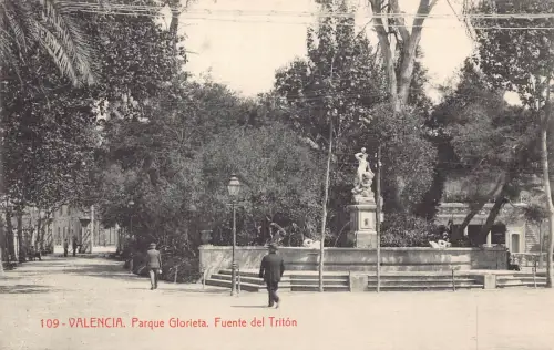 B017 Spanien Valencia Parque Glorieta Fuente del Triton Brunnen Vintage Postkarte
