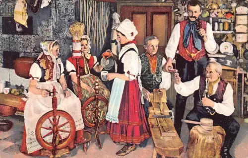 B011 Deutschland Schlesien Paar trinkt Spinnstube Volkstrachten Volks Postkarte