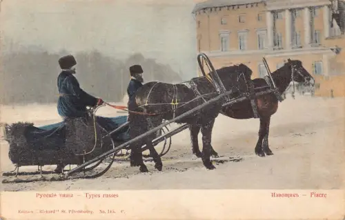 Russland Typen Russes Fiacre Schlitten Pferde Vintage Postkarte B872