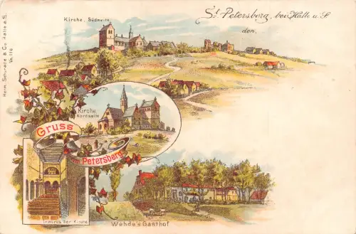 Deutschland St. Petersberg bei Halle a S Kirche Wehde's Gasthof Pension Postkarte B875
