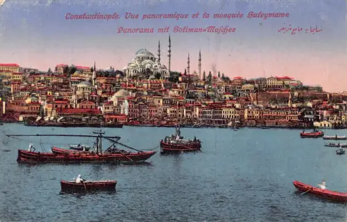 B012 Türkei Konstantinopel Istanbul Panorama mit Soliman Moschee Boote Postkarte