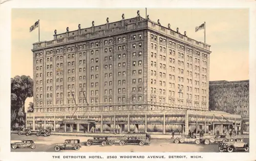 A640 US Michigan Detroit Detroiter Hotel Autos Vintage Postkarte