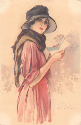 B437 Italienische Schönheit Lesebrief Pelz Schal Kunst signiert AS Terzi 1920 Postkarte