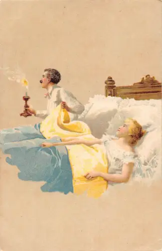 B437 Liebesroman Paar im Bett Mann geht raus mit Kerzenkunst Postkarte