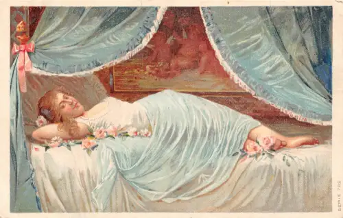 B440 Risque Woman Laying in Bed bedeckt mit Schleier und Rosen Kunstpostkarte