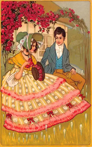 B439 Liebesromantik Paar flirtet auf Bank georgianisches Kleid Rosen Vintage Postkarte