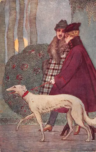 B439 Liebesroman Paar spazieren gehen Windhund Hund bei Mondschein Vintage Postkarte