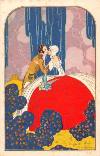 B439 Liebesroman Paar küsst Art Deco von Leonem Leonessi Vintage Postkarte