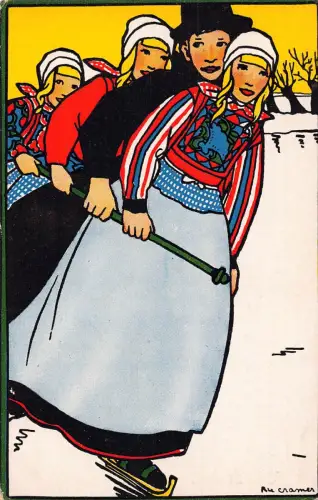 B439 Wintersport Niederländische Kinder Schlittschuhlaufen auf Eis von Rie Cramer Vintage Postkarte