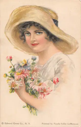 B438 Glamour Girl Holding Chrysanthemen Flower Art by Fidler LeMunyan Postkarte