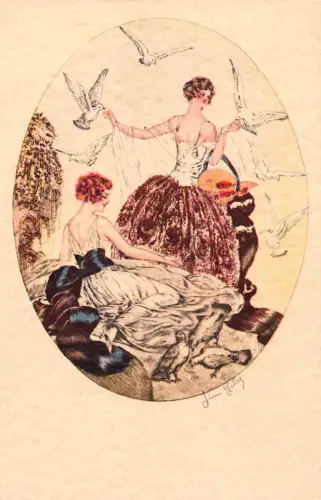 B438 Frauen in schönen Kleidern mit weißen Tauben Kunst signiert Jean Gilles Postkarte