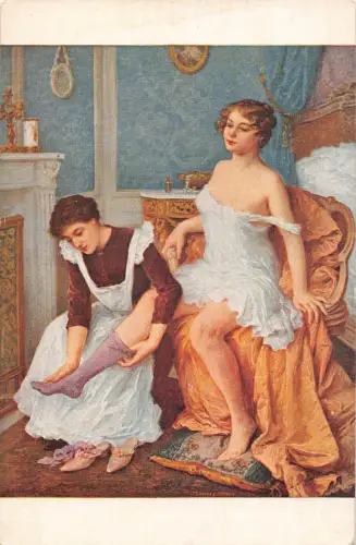 B439 Kunst von Scalbert Frau Anziehen von Dienstmädchen Schlafzimmer Postkarte