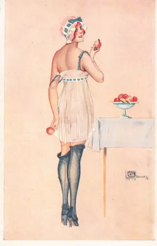 B439 Intimite de Boudoir von G Leonnec Frau isst Apfel gewagte Postkarte