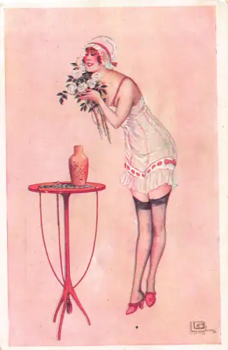 B439 Intimite de Boudoir von G Leonnec Frau Rosen Blumen gewagte Postkarte