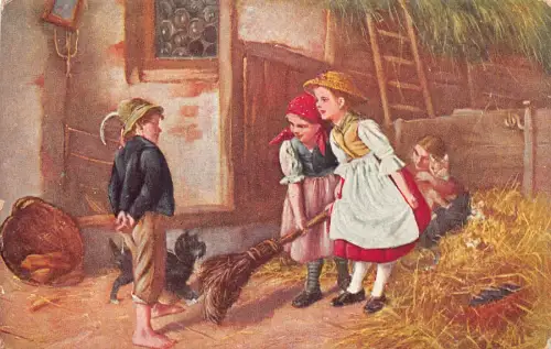 A687 Kunst von W Schuetze Scheune Mädchen machen sich über Junge Hund Katze Bauern Postkarte