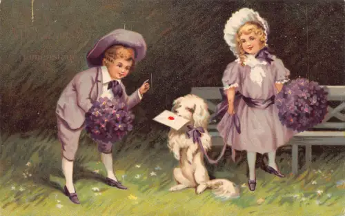 A687 Namenstag Grüße 1911 Violette Blumen Kinder Hund Pflege Brief Postkarte